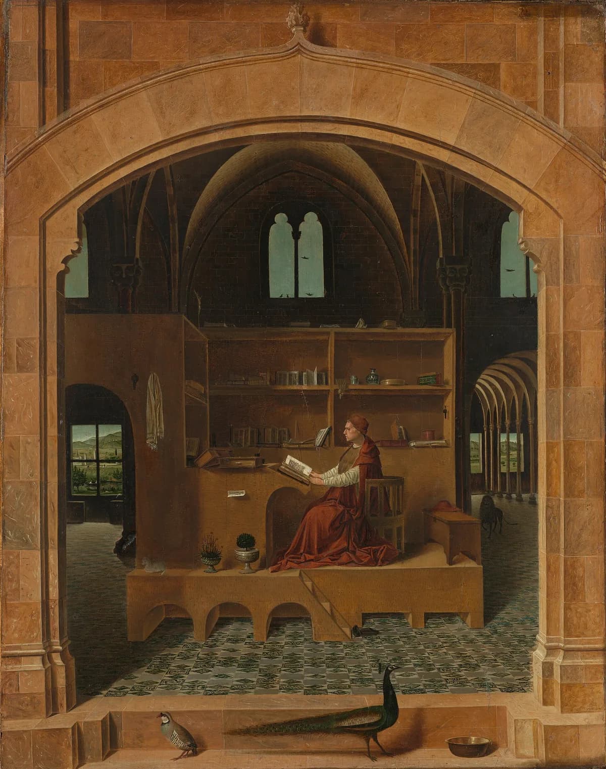 Saint Jerome at work in a study surrounded by books and architecture
